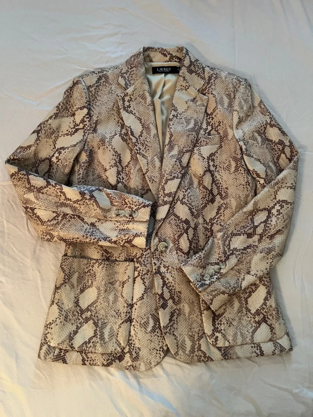 Authentic Lauren Ralph Lauren Python-Embossed Leather Neutral Snake-Print Blazer - Picture 3 of 15